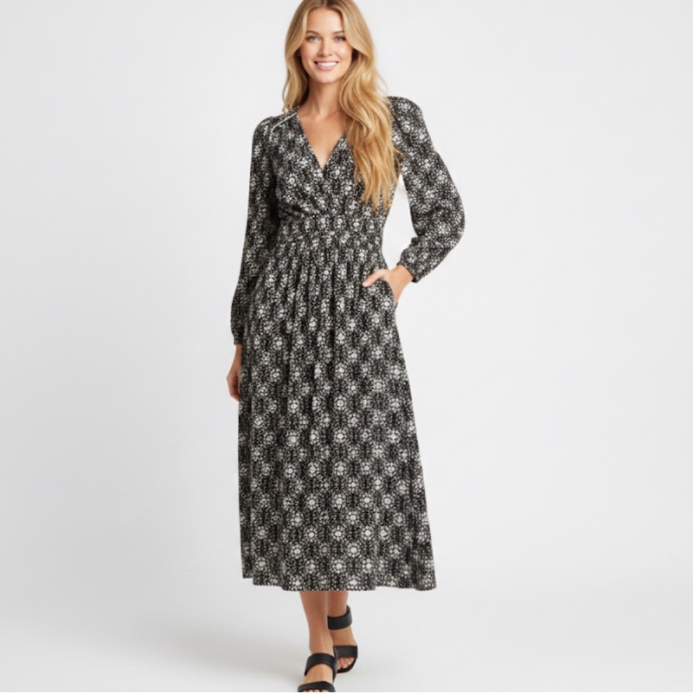 Xirena Annabella Midi Dress Black White Long Sleeve Size Small